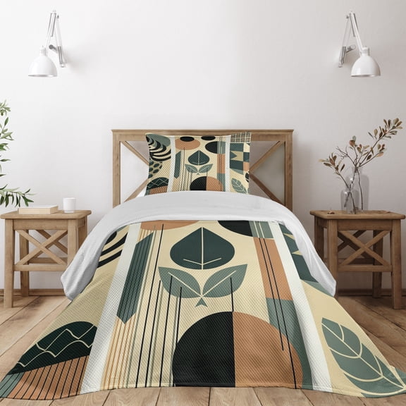 Ambesonne Monstera Quilted Coverlet 2 Pcs, Mid Century Boho Abstract, Twin Size, Pale Reseda Green and Camel