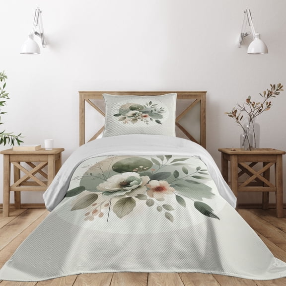 Ambesonne Monstera Quilted Coverlet 2 Pcs, Minimalist Floral Boho, Twin Size, Pale Sage Green Coconut