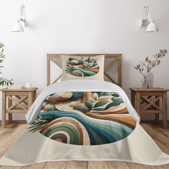 Ambesonne Monstera Quilted Coverlet 2 Pcs, Sage Love Boho Mid Century, Twin Size, Teal Amber Olive Green