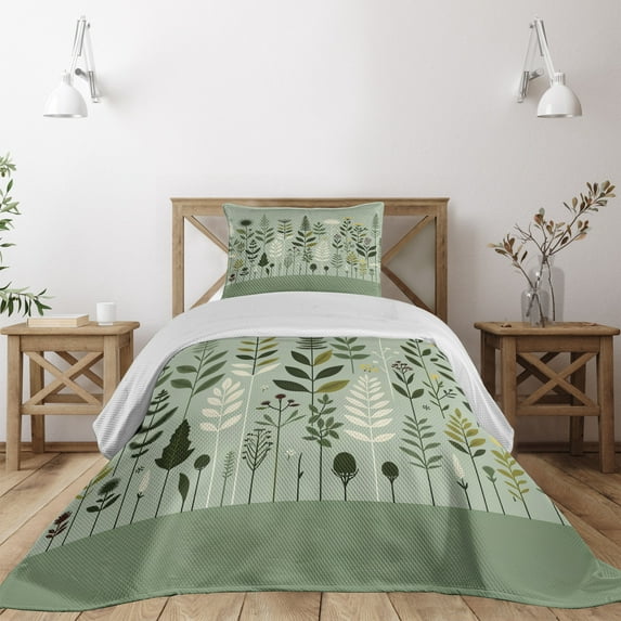 Ambesonne Monstera Quilted Coverlet 2 Pcs, Scandinavian Botanical Art, Twin Size, Pale Green Coconut Fawn
