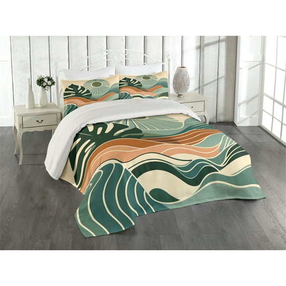Ambesonne Monstera Quilted Coverlet 3 Pcs, Abstract Landscape Boho, King Size, Evergreen Pale Seafoam