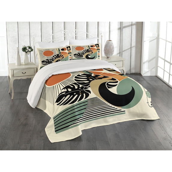 Ambesonne Monstera Quilted Coverlet 3 Pcs, Boho Mid Century Sun Leaf, King Size, Cinnamon Black Beige