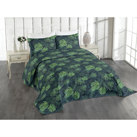 Ambesonne Monstera Quilted Coverlet 3 Pcs, Exotic Art Hawaiian Modern, King Size, Emerald Green Teal