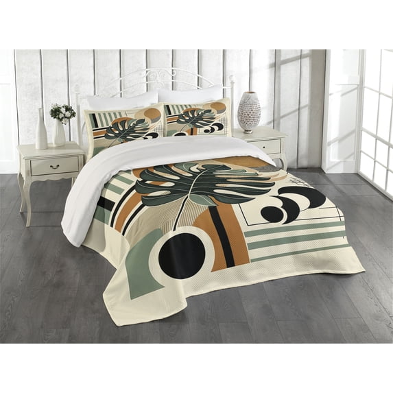 Ambesonne Monstera Quilted Coverlet 3 Pcs, Mid Century Boho Abstract, King Size, Evergreen Sepia Dusk