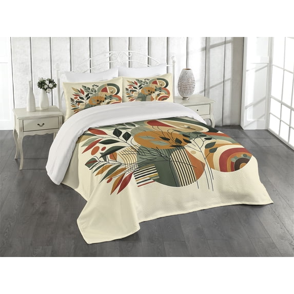 Ambesonne Monstera Quilted Coverlet 3 Pcs, Modern Abstract Botanic, Queen Size, Burnt Sienna Pale Seafoam