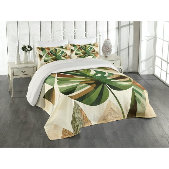 Ambesonne Monstera Quilted Coverlet 3 Pcs, Nature Boho Scandinavian, Queen Size, Fern Green Sepia and Cocoa
