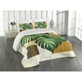 thumbnail image 1 of Ambesonne Monstera Quilted Coverlet 3 Pcs, Nature Scandinavian Boho, King Size, Fern Green and Pale Coffee, 1 of 4