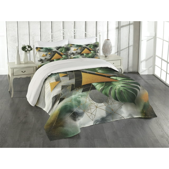 Ambesonne Monstera Quilted Coverlet 3 Pcs, Triangles Marble Abstract, Queen Size, Fern Green Grey Camel