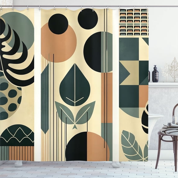 Ambesonne Monstera Shower Curtain, Mid Century Boho Abstract, 69"Wx84"L, Pale Reseda Green and Camel