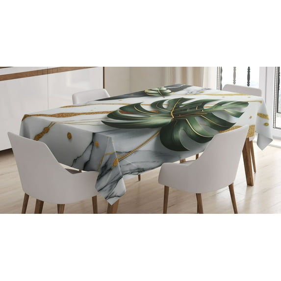 Ambesonne Monstera Tablecloth Rectangular Table Cover, Marble Mid Century Boho, 52"x70", Dimgray Hunter Green