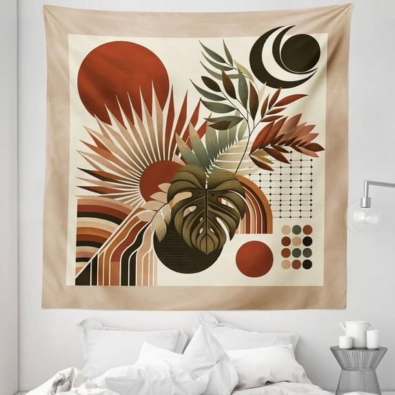 Ambesonne Monstera Tapestry Queen Size, Abstract Mid Century Boho, 88"x88", Redwood Beige and Black