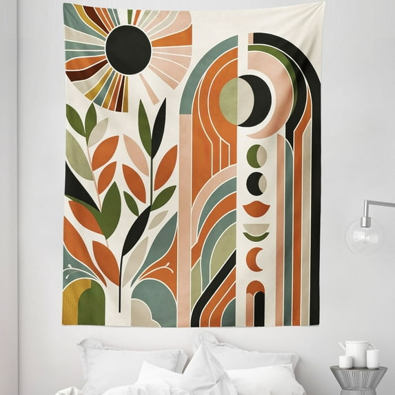 Ambesonne Monstera Tapestry Twin Size, Abstract Mid Century Boho, 68"x88", Beige Green and Burnt Orange