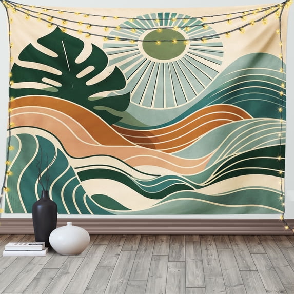 Ambesonne Monstera Tapestry Wall Hanging, Abstract Landscape Boho, 60"x40", Evergreen Pale Seafoam
