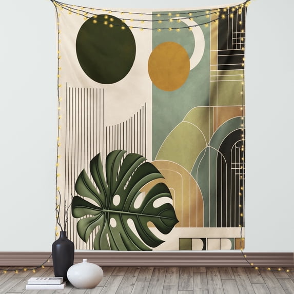 Ambesonne Monstera Tapestry Wall Hanging, Boho Abstract Mid Century, 40"x60", Beige Evergreen and Sepia