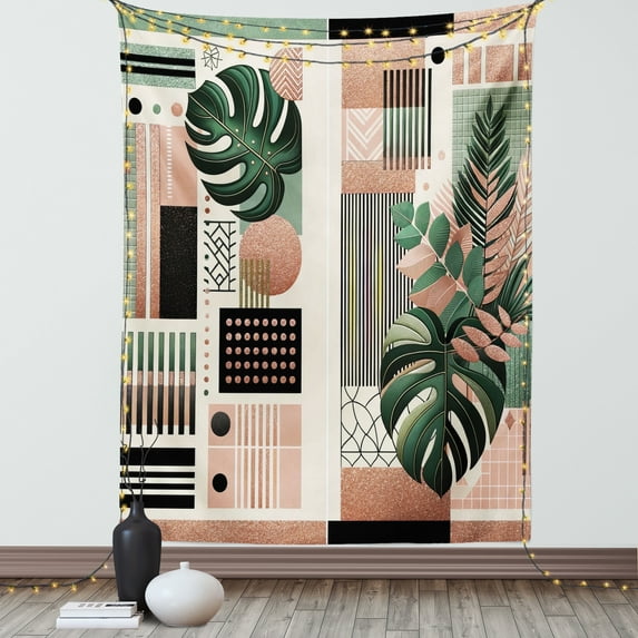 Ambesonne Monstera Tapestry Wall Hanging, Mid Century Boho Shapes, 40"x60", Evergreen Pale Rust Brown