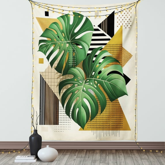 Ambesonne Monstera Tapestry Wall Hanging, Nature Scandinavian Boho, 40"x60", Fern Green and Pale Coffee
