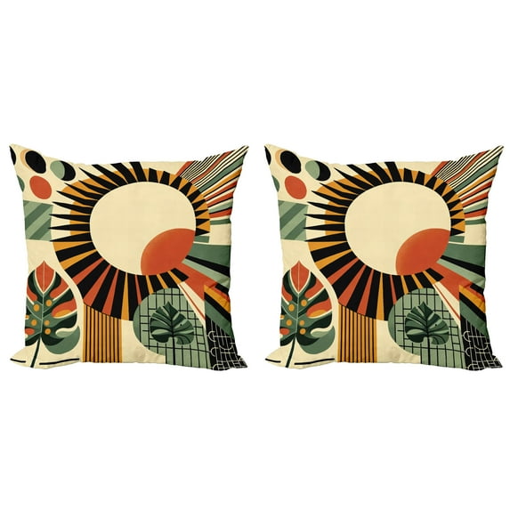 Ambesonne Monstera Throw Pillow Cover 2 Pack, Mid Century Abstract Sun, 20", Beige Burnt Orange Black
