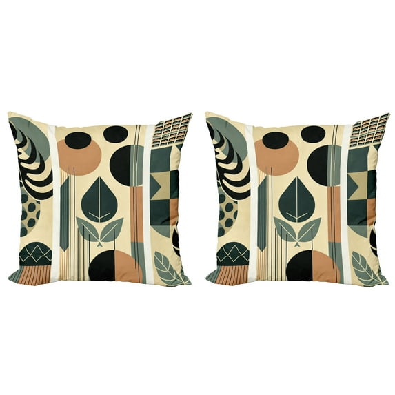 Ambesonne Monstera Throw Pillow Cover 2 Pack, Mid Century Boho Abstract, 16", Pale Reseda Green and Camel