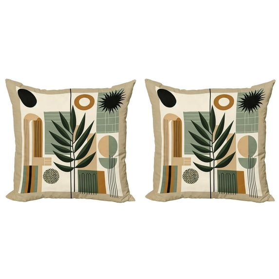 Ambesonne Monstera Throw Pillow Cover 2 Pack, Nature Mid Century Boho, 16", Beige Evergreen Sepia