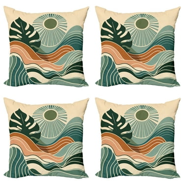 Ambesonne Monstera Throw Pillow Cover 4 Pack, Abstract Landscape Boho, 16", Evergreen Pale Seafoam