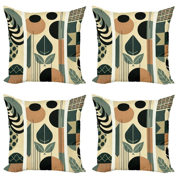 Ambesonne Monstera Throw Pillow Cover 4 Pack, Mid Century Boho Abstract, 24", Pale Reseda Green and Camel