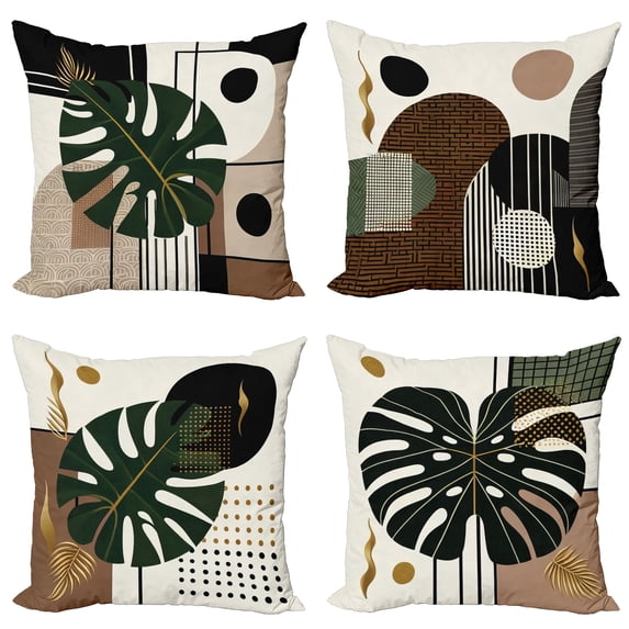 Ambesonne Monstera Throw Pillow Cover 4 Pack, Mid Century Modern Leaf, 16", Emerald Warm Taupe and Amber