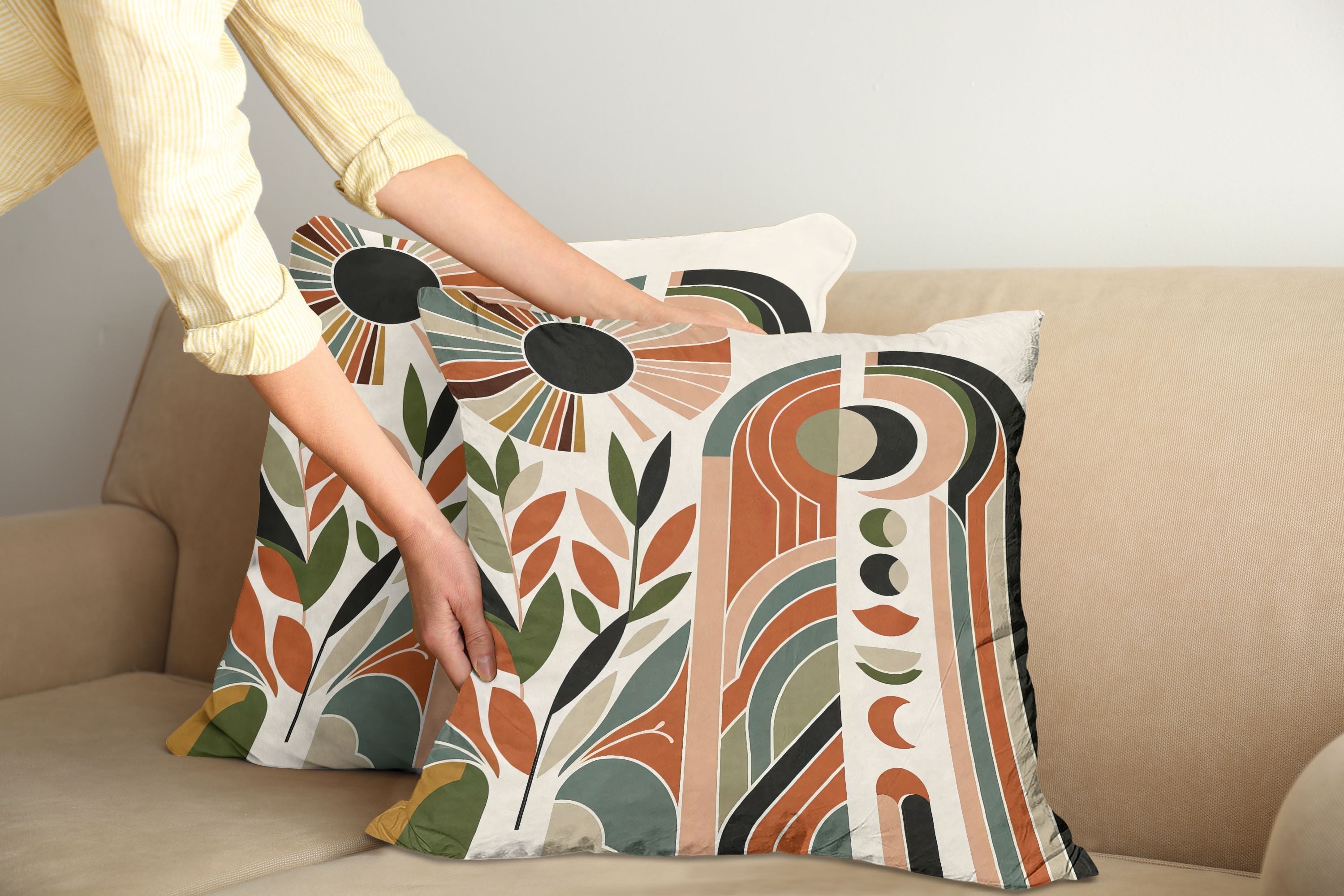 Abstract Mid Century Boho Square Pillow Covers in Beige, Green, and Burnt Orange