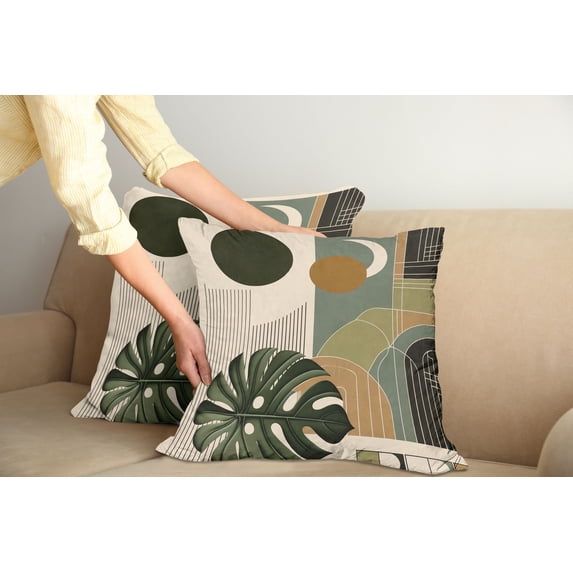 Ambesonne Monstera Throw Pillow Cover Pack of 2, Boho Abstract Mid Century, 2 Pcs-16"x16", Beige Evergreen and Sepia
