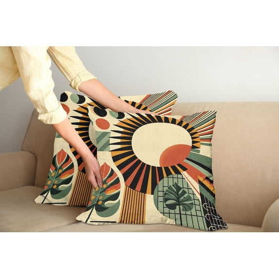 Ambesonne Monstera Throw Pillow Cover Pack of 2, Mid Century Abstract Sun, 2 Pcs-26"x16", Beige Burnt Orange Black