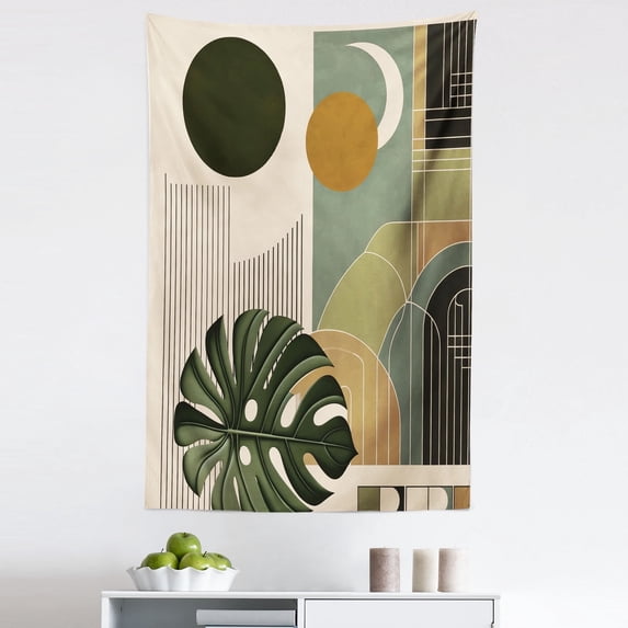 Ambesonne Monstera Wall Hanging Tapestry, Boho Abstract Mid Century, 30"x45", Beige Evergreen and Sepia