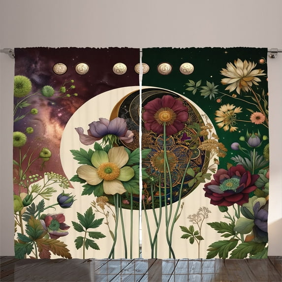 Ambesonne Moon Curtains 2 Panel Set, Abstract Gentle Flowers Leafy, 108" x 84", Fern Green Eggshell Lilac