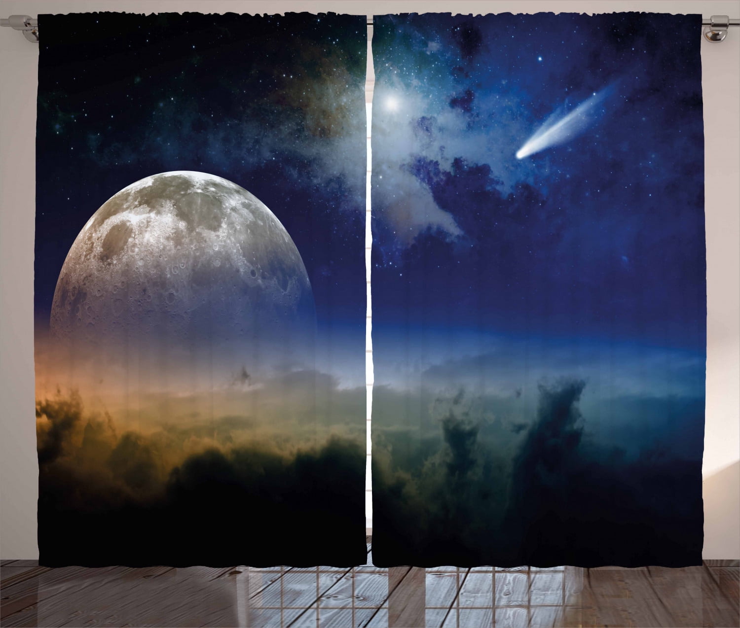 Ambesonne Moon Curtains 2 Panel Set, Full Moon Rising Cloudy, 108" x 90", Navy Blue White Apricot