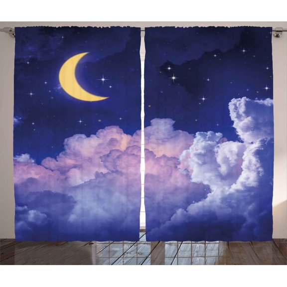 Ambesonne Moon Curtains 2 Panel Set, Stars in the Night Cosmic, 108" x 63", Yellow Purple