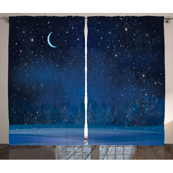 Ambesonne Moon Curtains 2 Panel Set, Winter Season Nighttime, 108" x 84", Dark Blue