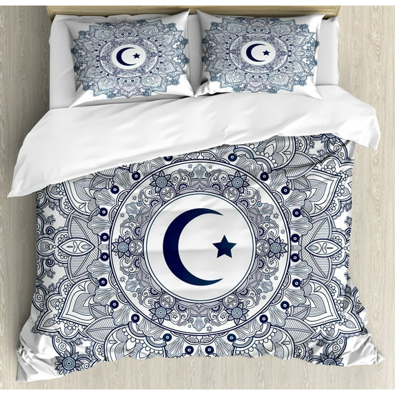 Ambesonne Moon Duvet Cover Set, Circle Form, Calking, Dark Blue White Teal