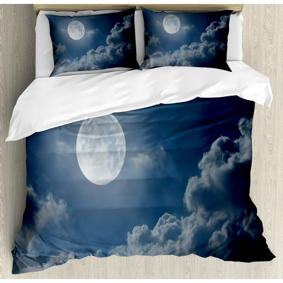 Ambesonne Moon Duvet Cover Set, Night Skyline Full Moon, 2-Calking, Dark Blue White