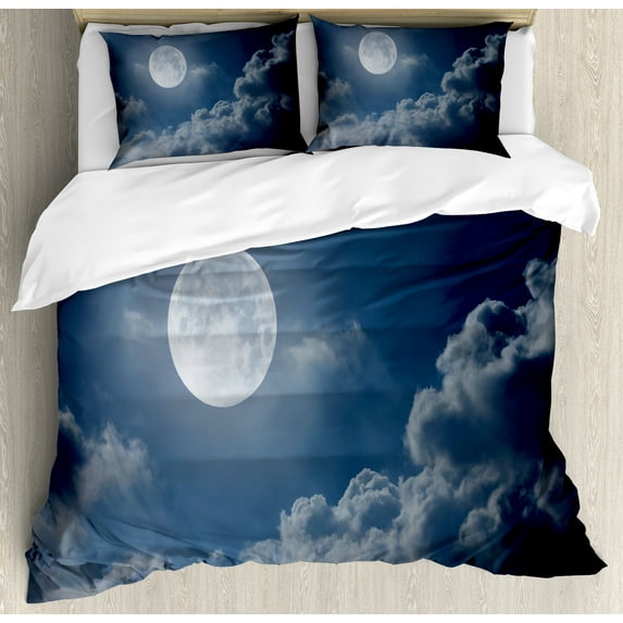 Ambesonne Moon Duvet Cover Set, Night Skyline Full Moon, 2-Calking, Dark Blue White