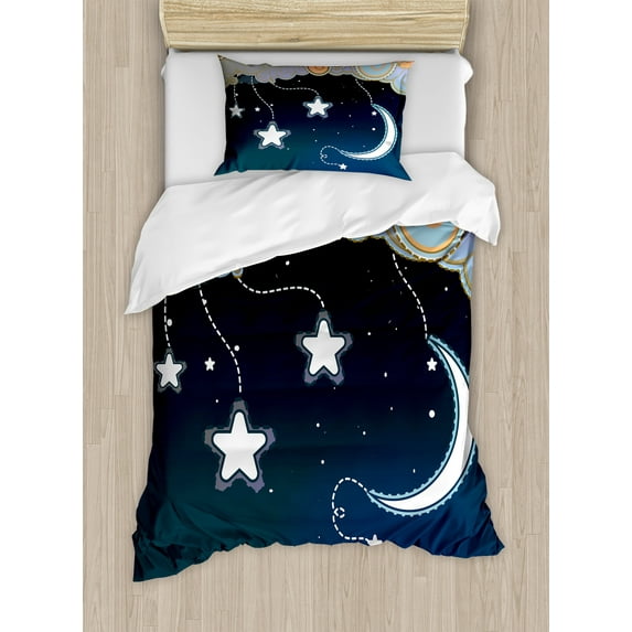 Ambesonne Moon Duvet Cover Sets, Clouds Stars and Moon, 2-Twin, Dark Blue Salmon White