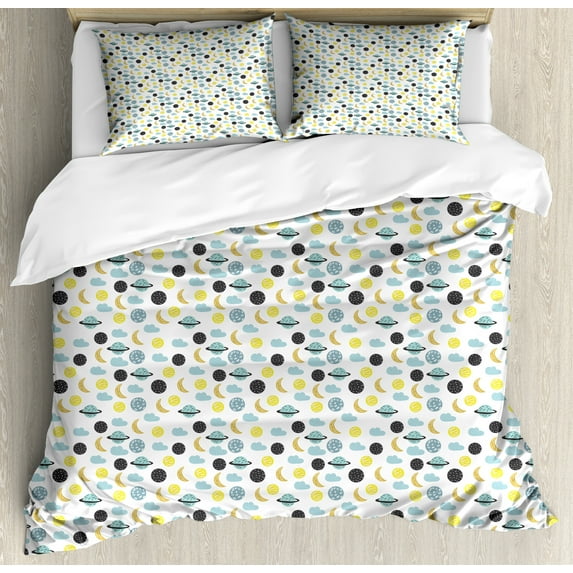 Ambesonne Moon Duvet Cover Sets, Crescent Planets and Clouds, 2-Queen, Multicolor