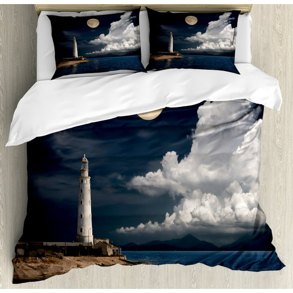 Ambesonne Moon Duvet Cover Sets, Old Lighthouse by Sea, 2-King, Dark Blue Ivory White