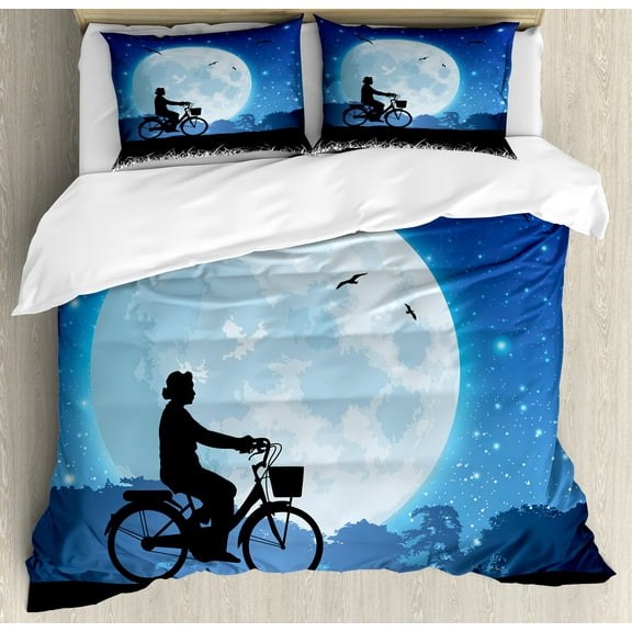 Ambesonne Moon Duvet Cover Sets, Person Rides Bicycle Night, 2-Queen, Blue Black White