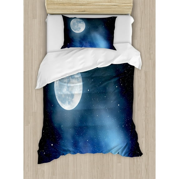 Ambesonne Moon Duvet Cover Sets, Starry Night Sky Full Moon, 2-Twin, Black Blue White
