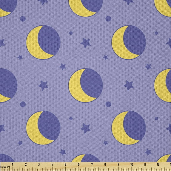 Ambesonne Moon Fabric by the Yard Microfiber, Night Sky Cartoon, 3 Yards, Lavender and Yellow