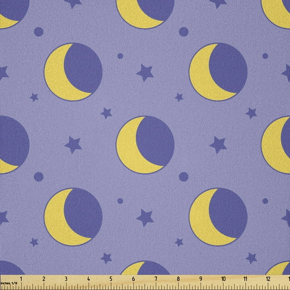 Ambesonne Moon Fabric by the Yard Microfiber, Night Sky Cartoon, 3 Yards, Lavender and Yellow