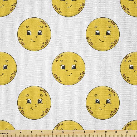 Ambesonne Moon Fabric by the Yard Microfiber, Smiling Circular Faces Art, 1 Yard, Earth Yellow White Orange