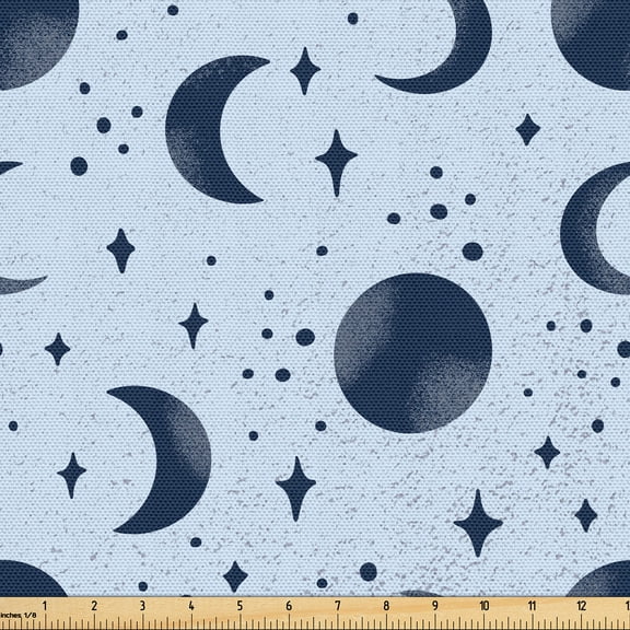 Ambesonne Moon Fabric by the Yard Upholstery, Grunge Night Stars Crescent, 1 Yard, Soft Blue Night Blue