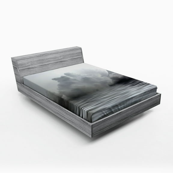 Ambesonne Moon Fitted Sheet, Calm Water and Twilight Sky, Queen Size, Grey Purpleblue