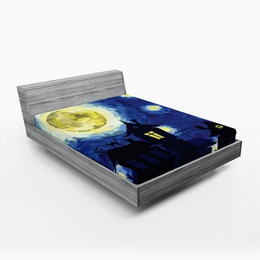 Ambesonne Moon Fitted Sheet, Country Houses Full Moon, Queen Size, Dark Blue Black Yellow