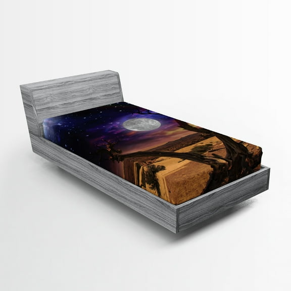 Ambesonne Moon Fitted Sheet, Desert Night Nebula Stars, Twin Size, Caramel Purple