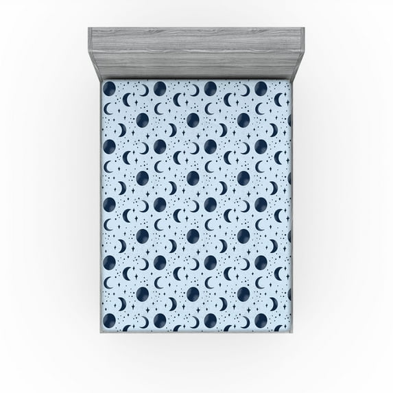 Ambesonne Moon Fitted Sheet, Grunge Night Stars Crescent, Full Size, Soft Blue Night Blue